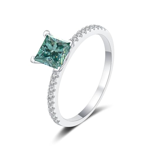 1 Karat Princess Cut Moissanit Ring für Frauen Sterling Silber Jahrestag Versprechen Ehering D Farbe VVS1 Moissanit Verlobungsringe Diamantringe mit Zertifikat (Grün,17.3) von WAHZAUS