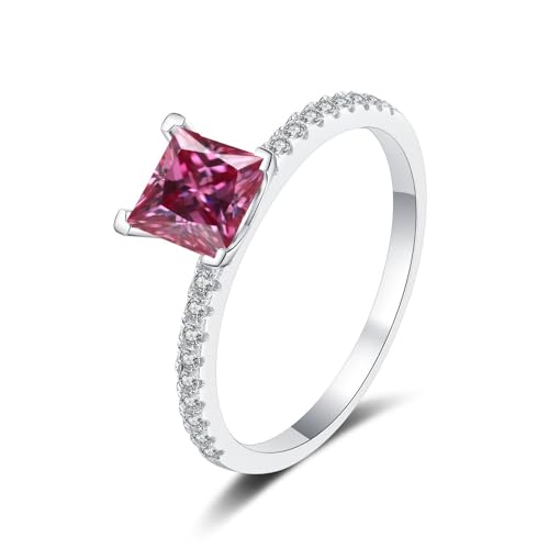 1 Karat Princess Cut Moissanit Ring für Frauen Sterling Silber Jahrestag Versprechen Ehering D Farbe VVS1 Moissanit Verlobungsringe Diamantringe mit Zertifikat (Rosa,16.5) von WAHZAUS
