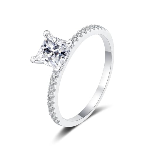 1 Karat Princess Cut Moissanit Ring für Frauen Sterling Silber Jahrestag Versprechen Ehering D Farbe VVS1 Moissanit Verlobungsringe Diamantringe mit Zertifikat (Weiß,16.5) von WAHZAUS