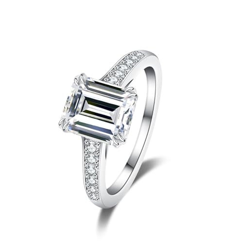 WAHZAUS Verlobungsringe für Damen, 4 Karat, Smaragdschliff, Diamantring, Farbe D, Reinheit VVS1, Ehering, 925er Sterlingsilber, Jubiläumsringe für Sie, 7, Silber, Moissanit von WAHZAUS