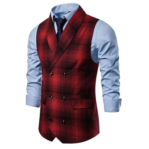 WAIDFU Herren Plaid Business Weste Vintage Zweireihig Karo Revers Button Down Smoking Anzug Weste mit Taschen, rot, M von WAIDFU