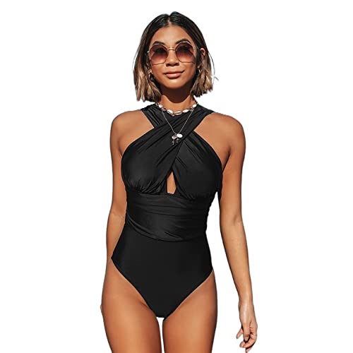 WAIKUB Schwarzer tiefer einteiliger Badeanzug-Frauen-einfacher Halter-Badebekleidungs-Strand-reizvolle Badeanzug-Badeanzüge (Color : CYY400, Size : S) von WAIKUB