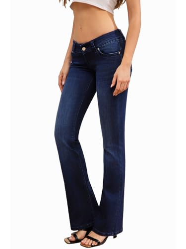 WAISUNZLM Damen Super Low Rise Stretchy Flared Jeans Slim Fit für schmeichelhafte Silhouette Bootcut Denim Hose (fällt klein aus), Dunkelblau, 36 Kurz von WAISUNZLM