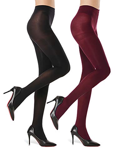 WAKUNA 2 Paar blickdichte Strumpfhosen für Damen - 40D Microfiber Control Top Strumpfhose (Schwarz & Burgund, S) von WAKUNA