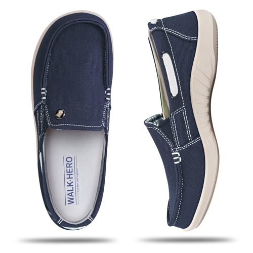 Damen-Schlupfschuhe – lässige Boots-Slipper für Damen mit Unterstützung des Fußgewölbes – Plantarfasziitis, Canvas-Sneaker für den täglichen Spaziergang, Marineblau, 40 EU Weit von WALK·HERO COMFORT AND SUPPORT
