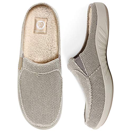 Herren-Hausschuhe mit Fußgewölbeunterstützung, Segeltuch-Hausschuhe für Herren mit Samtfutter, Schlupfschuh, für drinnen und draußen, mit rutschfester Gummisohle, Beige (integrierte von WALK·HERO COMFORT AND SUPPORT