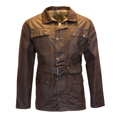 WALKER AND HAWKES Grafton - Herren Motorradjacke mit Gürtel - wasserdicht & gewachst - 4 Taschen - Braun - 3XL von WALKER AND HAWKES