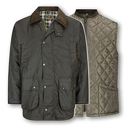 WALKER AND HAWKES Greendale 3-1 - Herren Jacke - 100% gewachste Baumwolle - wattiert - Olivgrün - XL von WALKER AND HAWKES