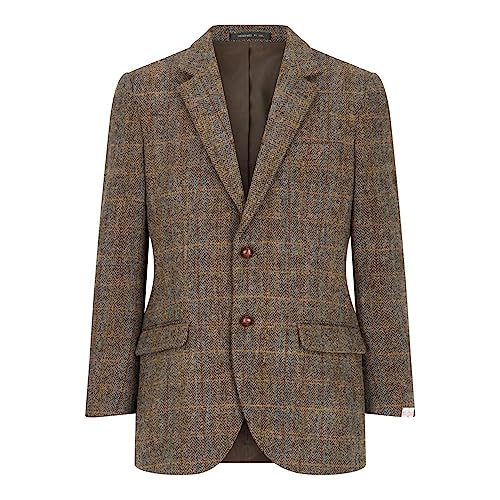WALKER AND HAWKES Herren Country-Blazer - Klassisch Schottische Jacke aus Harris-Tweed - Fischgrätmuster - Overcheck-Tartanmuster - Clinton-Braun - EU 50 (UK 40) von WALKER AND HAWKES
