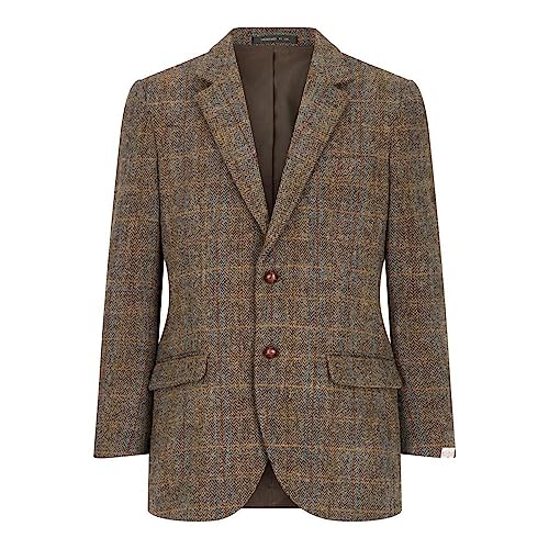 WALKER AND HAWKES Herren Country-Blazer - Klassisch Schottische Jacke aus Harris-Tweed - Fischgrätmuster - Overcheck-Tartanmuster - Clinton-Braun - EU 56 (UK 46) von WALKER AND HAWKES