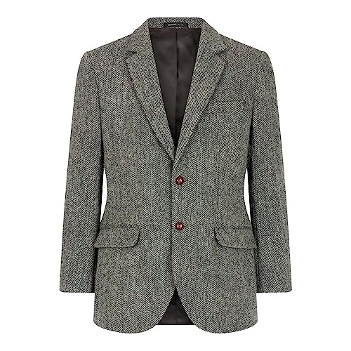 WALKER AND HAWKES Herren Country-Blazer - Klassisch Schottische Jacke aus Harris-Tweed - Fischgrätmuster - Stahlgrau - EU 52 (UK 42) von WALKER AND HAWKES
