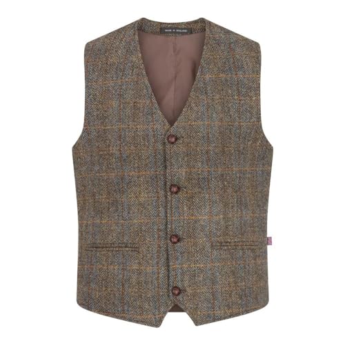 WALKER AND HAWKES Herren Country-Weste - Klassisch Schottisch aus Harris-Tweed - Fischgrätmuster - Overcheck-Tartanmuster - Clinton-Braun - EU 50 (UK 40) von WALKER AND HAWKES