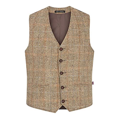 WALKER AND HAWKES Herren Country-Weste - Klassisch Schottisch aus Harris-Tweed - Fischgrätmuster- Overcheck-Tartanmuster - Sandweiß - EU 52 (UK 42) von WALKER AND HAWKES