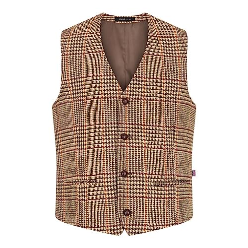 WALKER AND HAWKES Herren Country-Weste - Klassisch Schottisch aus Harris-Tweed - Overcheck-Tartanmuster - Sandbraun - EU 52 (UK 42) von WALKER AND HAWKES