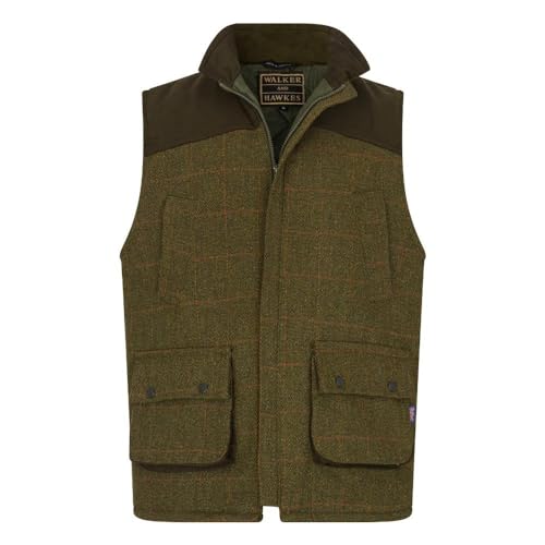 WALKER AND HAWKES Herren Country-Weste aus Tweed mit verstärkten Schultern - für die Jagd geeignet - Dunkles Salbeigrün - Größe S (38"-40") von WALKER AND HAWKES