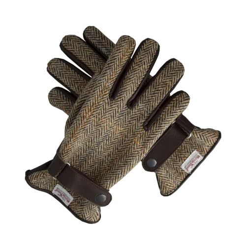 WALKER AND HAWKES Herren Handschuhe - aus schottischem Harris-Tweed & Leder - Overcheck-Tartanmuster - Sandweiß - L von WALKER AND HAWKES