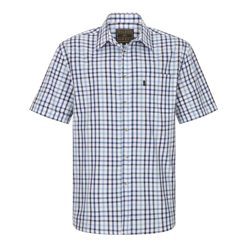 WALKER AND HAWKES Herren Kurzarmhemd im Country-Stil - 100% Baumwolle - kariert - Blau - 3XL (48'') von WALKER AND HAWKES