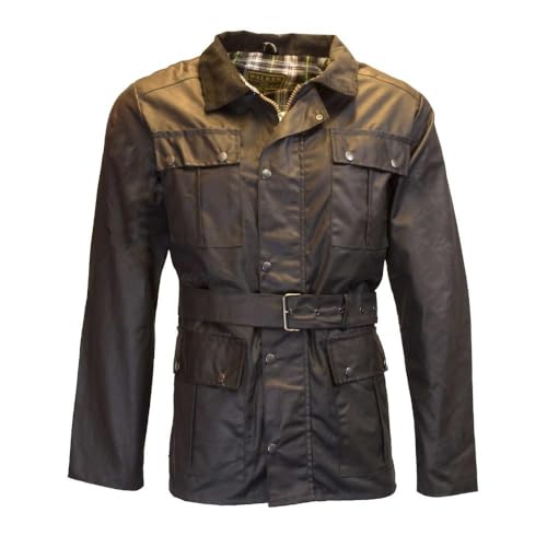 WALKER AND HAWKES Herren Motorradjacke mit Gürtel - wasserdicht & gewachst - 4 Taschen - Schwarz - L von WALKER AND HAWKES