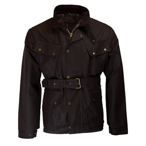 WALKER AND HAWKES Herren Outdoor-Jacke im Motorrad-Stil - gewachst - mit Gürtel & 4 Taschen - Olivgrün - S (38"-40") von WALKER AND HAWKES