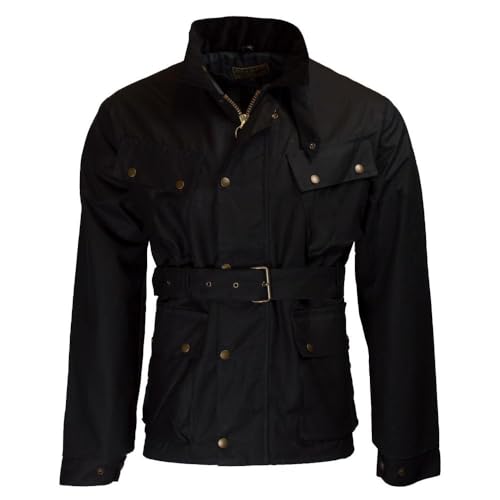 WALKER AND HAWKES Herren Outdoor-Jacke im Motorrad-Stil - gewachst - mit Gürtel & 4 Taschen - Schwarz - S (38"-40") von WALKER AND HAWKES