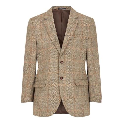 WALKER AND HAWKES Herren Country-Blazer - Klassisch Schottische Jacke aus Harris-Tweed - Fischgrätmuster - Overcheck-Tartanmuster - Sandweiß - EU 52 (UK 42) von WALKER AND HAWKES