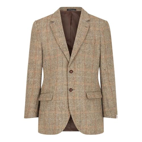 WALKER AND HAWKES Herren Country-Blazer - Klassisch Schottische Jacke aus Harris-Tweed - Fischgrätmuster - Overcheck-Tartanmuster - Sandweiß - EU 52 (UK 42) von WALKER AND HAWKES