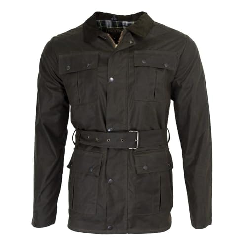 Walker & Hawkes - Herren Jacke im Motorrad-Stil - wasserdicht - mit Gürtel & 4 Taschen - Olivgrün - 2XL von WALKER AND HAWKES