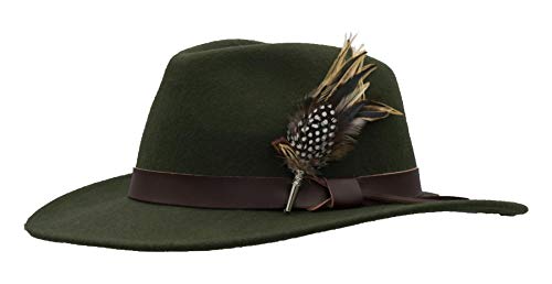 Walker & Hawkes Richmond - Unisex Fedora-Hut aus verformbarem Filz - mit Lederband & Federbrosche - Dunkles Olivgrün - XL (60cm) von WALKER AND HAWKES