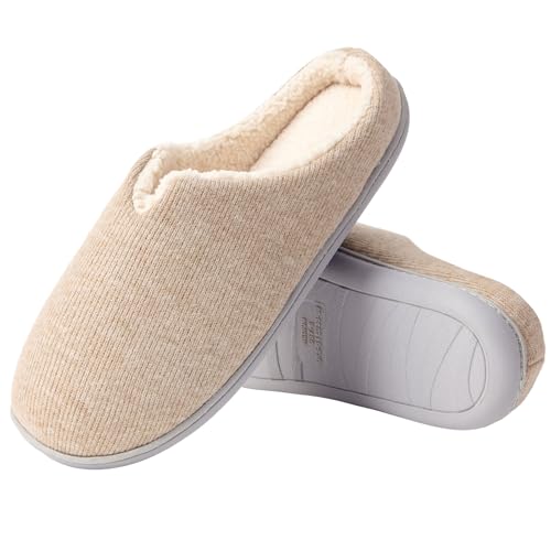 WALKFUN Damen Scuff Hausschuhe mit gestricktem weichem Obermaterial und Plüsch-Fleecefutter, Memory-Schaum-Kissen, Beige oder Grau, Beige, 5-6 von WALKFUN