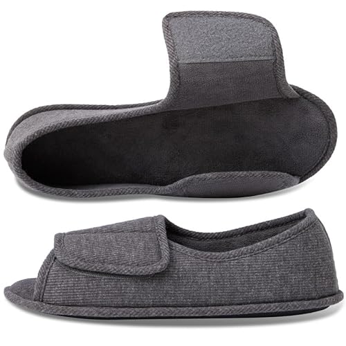 WALKFUN Diabetiker-Hausschuhe für Herren und Damen, mit offenem Zehenbereich und verstellbarem Wickeldesign, Memory-Schaum, extra breite Passform für Arthritis und Ödeme, Dunkelgrau-Damengröße, 7-8 von WALKFUN