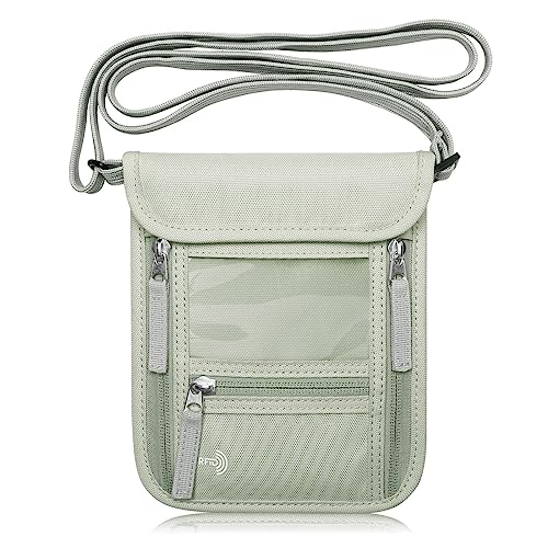 WALNEW Reisepass-Halter, Brustbeutel, Reisebrieftasche für Damen und Herren, RFID-blockierend, schmal, Reisebrieftasche mit Umhängeband, Hellgrau-Grün, Minimalistisch von WALNEW