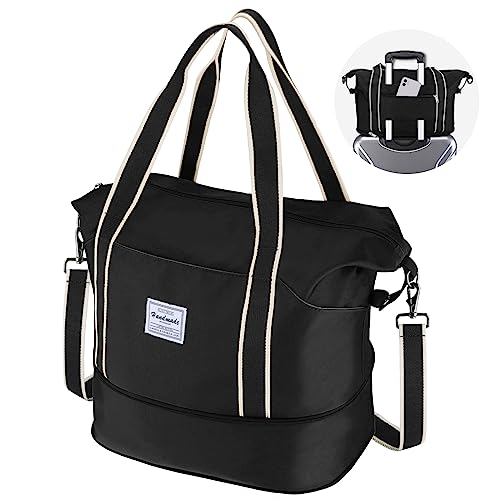 WALNEW Reisetasche, Wochenendtasche, Handgepäcktasche für Damen und Herren, faltbar, wasserdicht, mit Metallschnalle, abnehmbarem Schultergurt und Nassfach, Schwarz , 35L von WALNEW