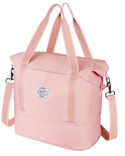 WALNEW Reisetasche für Damen und Herren, faltbar, wasserdicht, mit Metallschnalle, abnehmbarer Schultergurt und Nassfach, rose, 35L, Erweiterbare Reisetasche von WALNEW