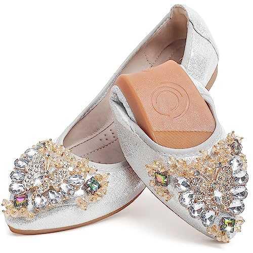 Flache Ballerinas für Damen, niedliche Strass-Schleife, Hochzeit, flache Schlupfschuhe für Damen, Komfort, silber, 37.5 EU Flache Ballerinas für Damen, niedliche Strass-Schleife, Hochzeit, flache Schlupfschuhe für Damen, Komfort, silber, 37.5 EU von WAMBHC