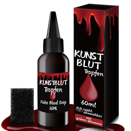 WAMIOKAGRO Kunstblut Halloween Schminke Erwachsene Kinder, 60ml Fake Blood mit Schwamm, Tropfendes Kunstblut für Kleidung Haut Auswaschbar, Fake Blut Halloween Make Up für Karneval Zombie Vampir von WAMIOKAGRO