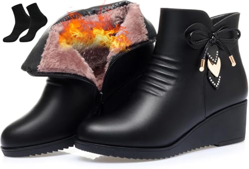 Botines de Mujer de Vestir Damen-Stiefeletten mit Keilabsatz, elegant, weiches Leder, Plateau, seitlicher Reißverschluss, glitzernde Strasssteine, Pelzfutter, dicke Schneestiefel, Schwarz, Schwarz (B von WAMIZEU