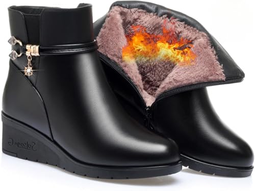 Botines de Mujer de Vestir Damen-Stiefeletten mit Keilabsatz, elegant, weiches Leder, Plateau, seitlicher Reißverschluss, glitzernde Strasssteine, Pelzfutter, dicke Schneestiefel, Schwarz, Schwarz A von WAMIZEU