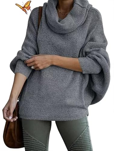 WAMIZEU Damen-Pullover mit Wasserfallkragen, mit Taschen, lässiger Fledermausärmel, Strickpullover von WAMIZEU