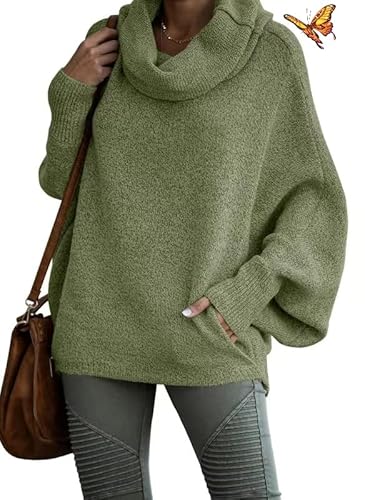 WAMIZEU Damen-Pullover mit Wasserfallkragen, mit Taschen, lässiger Fledermausärmel, Strickpullover von WAMIZEU