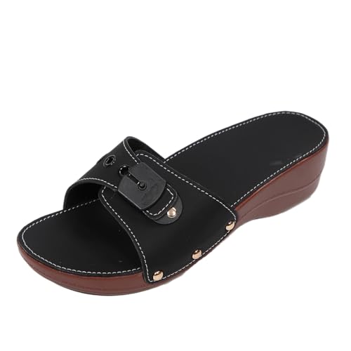 WAMIZEU Damen-Slipper mit dicker Sohle, rutschfeste Keilsandalen, bequeme Sandalen für Damen, Zehensteg-Sandalen, offene Zehen, lässige Wanderschuhe, Schwarz , 44 EU von WAMIZEU
