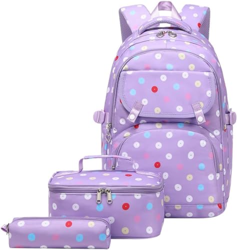 WANAHTON 3-teiliges Teenager mädchen Schulranzen mit Buntem Donut-Muster,großer Kapazität mit Lunchtasche und Federmäppchen mädchen 1. klasse lässig Schulranzen (Lila) von WANAHTON