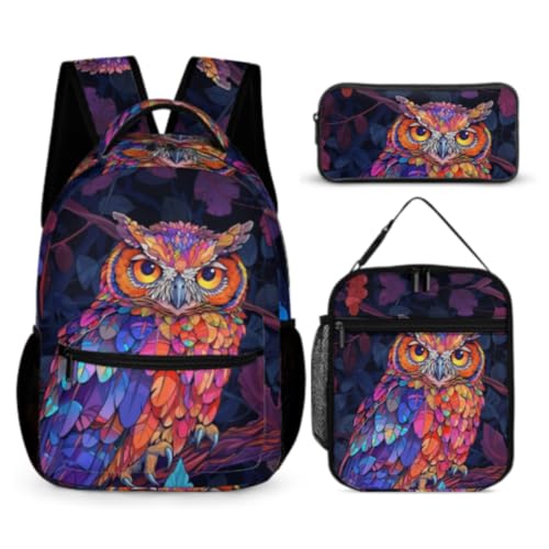 WANAHTON Eule Schultasche Rucksack Set Herren Schulrucksack, Laptop-Rucksack Mit Lunchpaket Tasche Und Pencil Case Für Unisex College-Rucksack Daypack 3-in-1-Rucksack (Farbe 2) von WANAHTON