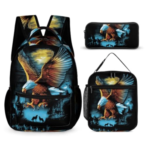 WANAHTON Jungen 1. klasse Rucksack Set mit Adler-Motiv Schulrucksack Jugendliche Jungen Mädchen lässiger Rucksack 3-in-1-Rucksack Büchertaschen-Set (Farbe 1) von WANAHTON