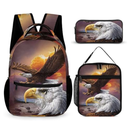 WANAHTON Jungen 1. klasse Rucksack Set mit Adler-Motiv Schulrucksack Jugendliche Jungen Mädchen lässiger Rucksack 3-in-1-Rucksack Büchertaschen-Set (Farbe 2) von WANAHTON