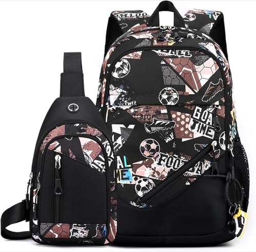 WANAHTON Jungen-Fußball-Rucksack 2 Teilig mit Anti diebstahl umhängetasche,Große Kapazität Wasserdicht Camouflage Rucksack Schule Mädchen Schultaschen-Set für 9-18 Jahren (Farbe 1) von WANAHTON
