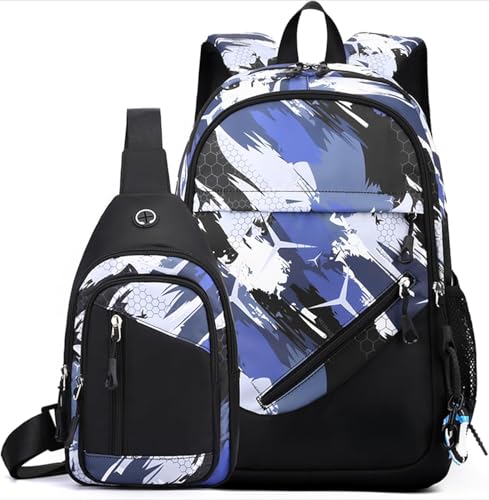 WANAHTON Jungen-Fußball-Rucksack 2 Teilig mit Anti diebstahl umhängetasche,Große Kapazität Wasserdicht Camouflage Rucksack Schule Mädchen Schultaschen-Set für 9-18 Jahren (Farbe 2) von WANAHTON