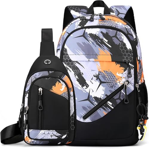 WANAHTON Jungen-Fußball-Rucksack 2 Teilig mit Anti diebstahl umhängetasche,Große Kapazität Wasserdicht Camouflage Rucksack Schule Mädchen Schultaschen-Set für 9-18 Jahren (Farbe 3) von WANAHTON