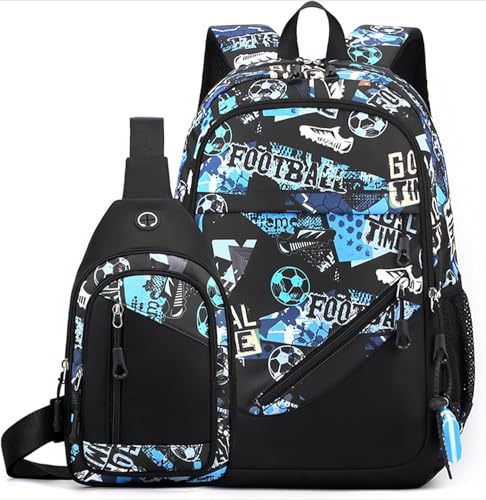 WANAHTON Jungen-Fußball-Rucksack 2 Teilig mit Anti diebstahl umhängetasche,Große Kapazität Wasserdicht Camouflage Rucksack Schule Mädchen Schultaschen-Set für 9-18 Jahren (Farbe 4) von WANAHTON