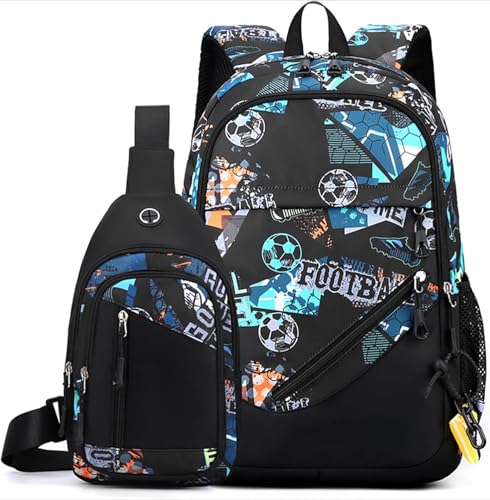 WANAHTON Jungen-Fußball-Rucksack 2 Teilig mit Anti diebstahl umhängetasche,Große Kapazität Wasserdicht Camouflage Rucksack Schule Mädchen Schultaschen-Set für 9-18 Jahren (Farbe 5) von WANAHTON