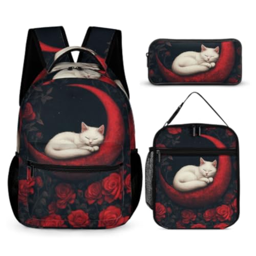 WANAHTON Rucksack Teenager Kinderschultaschen Schulranzen-Set Mit Katze-Motiv Schulrucksack Jugendliche Jungen Mädchen 3-in-1-Rucksack Büchertaschen-Set (Farbe 2) von WANAHTON